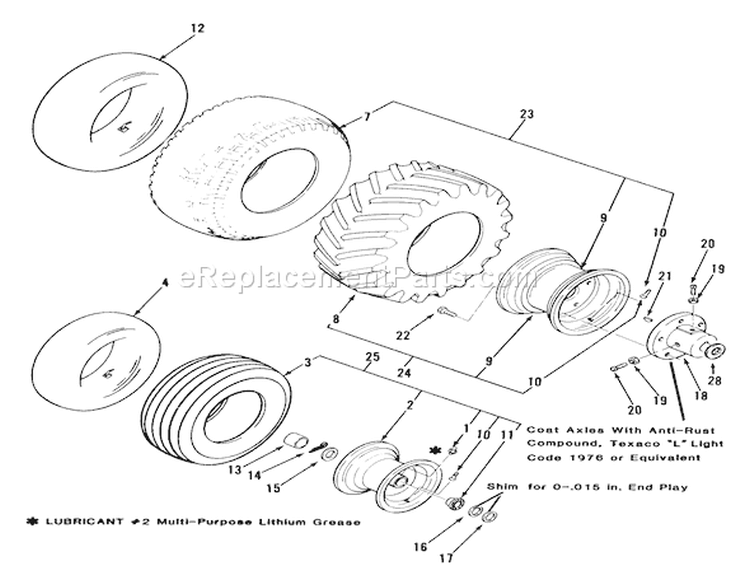 Wheels And Tires Diagram and Parts List for 21-12K806 1989 Toro Lawn Tractor
