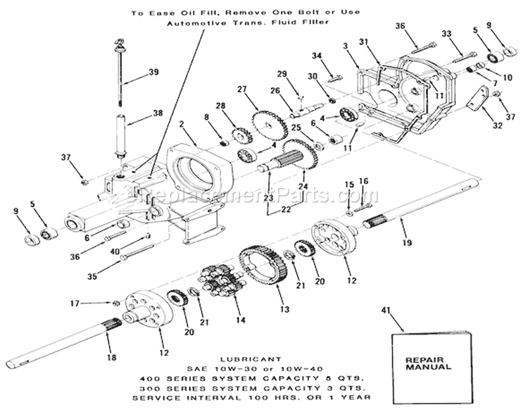Transaxle-300/400 Series Diagram and Parts List for 31-17KE01 1985 Toro Lawn Tractor