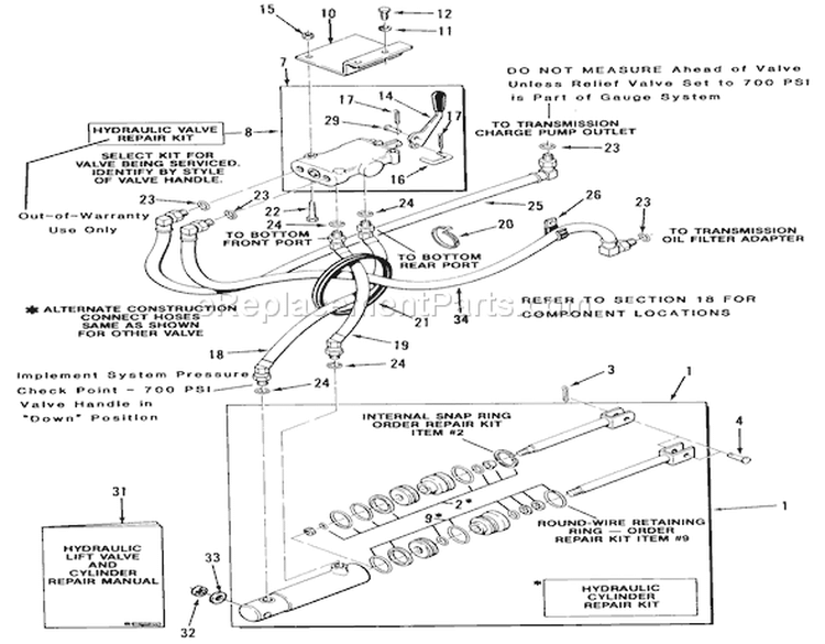 Hydraulic System-400 Series Diagram and Parts List for 21-12KE01 1986 Toro Lawn Tractor