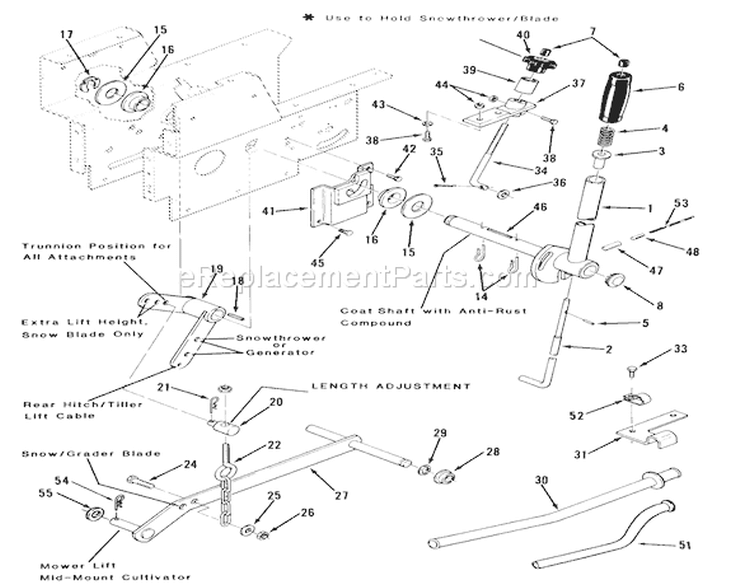 Manual Lift Linkage Diagram and Parts List for 21-12KE01 1986 Toro Lawn Tractor