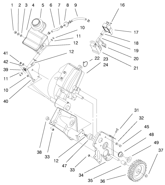 Engine & Gas Tank Assembly Diagram and Parts List for 38430 9900001 - 9999999 Toro Snow Blower