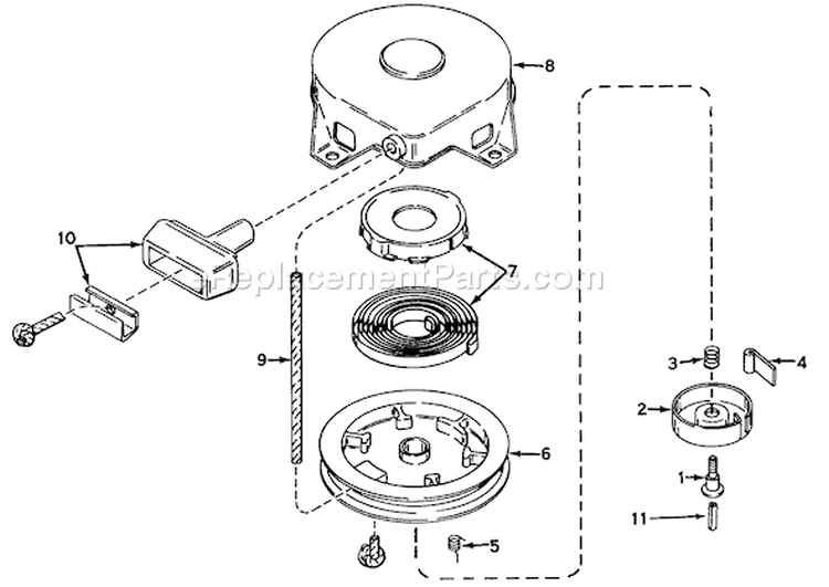 Rewind Starter Diagram and Parts List for 31301 0000001-0999999 - 1970 Toro Snow Blower