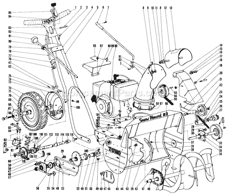 Snow Hound 20" Snow Thrower Diagram and Parts List for 31301 0000001-0999999 - 1970 Toro Snow Blower