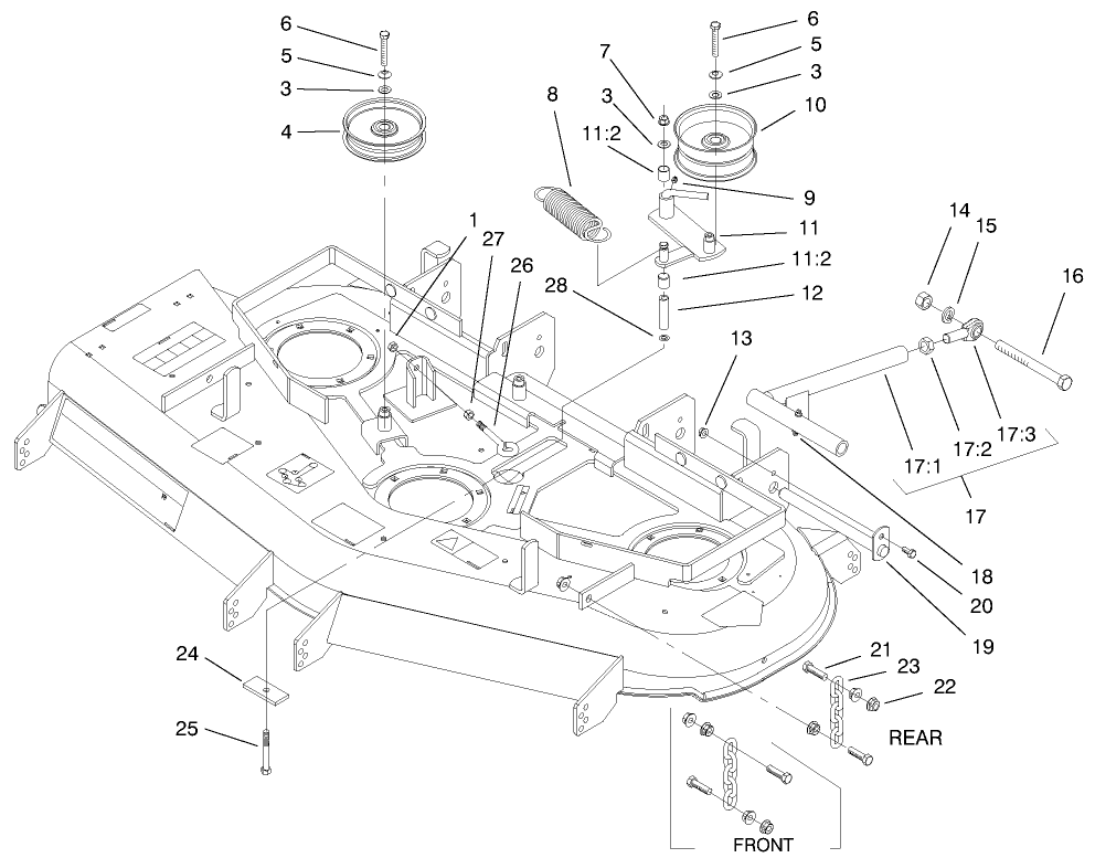 Chains, Pulleys, Lift Struts And Idler Assembly Diagram and Parts List for 74173 (990001-999999)(1999) Toro Lawn Mower