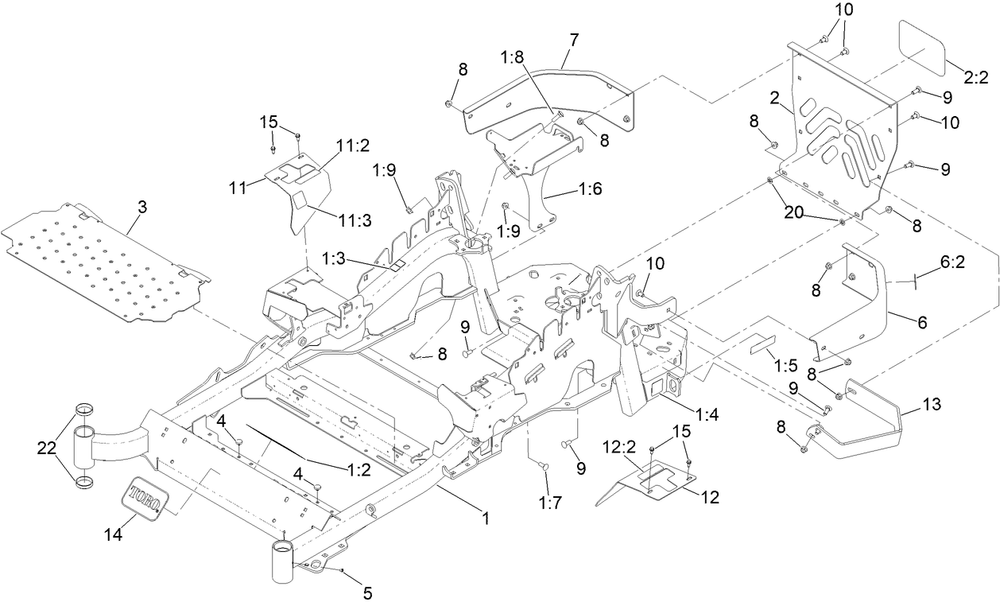 Main Frame Assembly Diagram and Parts List for 72906 412200000 - 999999999 Toro Lawn Tractor