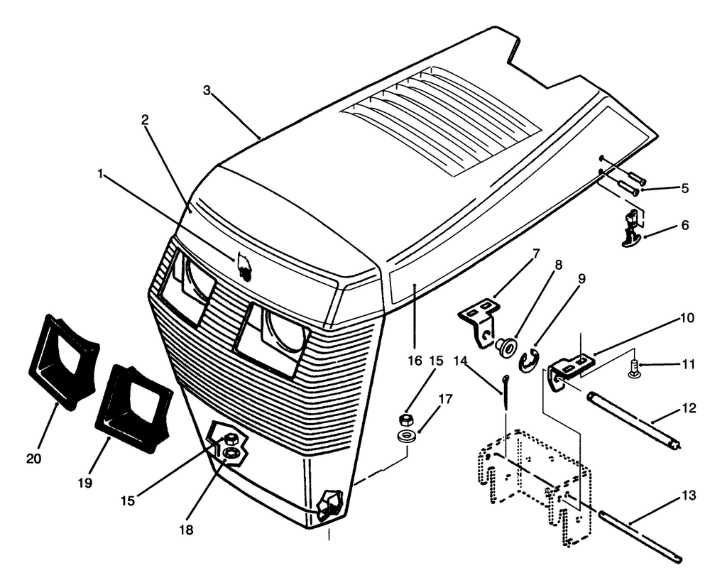 Hood Assembly Diagram and Parts List for 73501 59000001 - 59000411 Toro Lawn Tractor