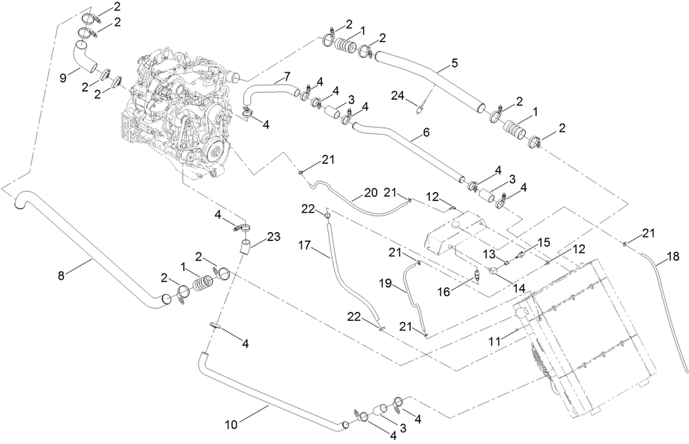 Cooling Package Hose And Clamp Assembly Diagram and Parts List for 23898 400000000 - 999999999 Toro Lawn Tractor Accessories