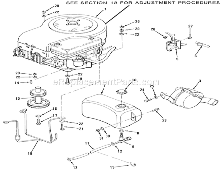 Engine, Fuel & Exhaust Systems Diagram and Parts List for 32-11B301 1987 Toro Lawn Tractor