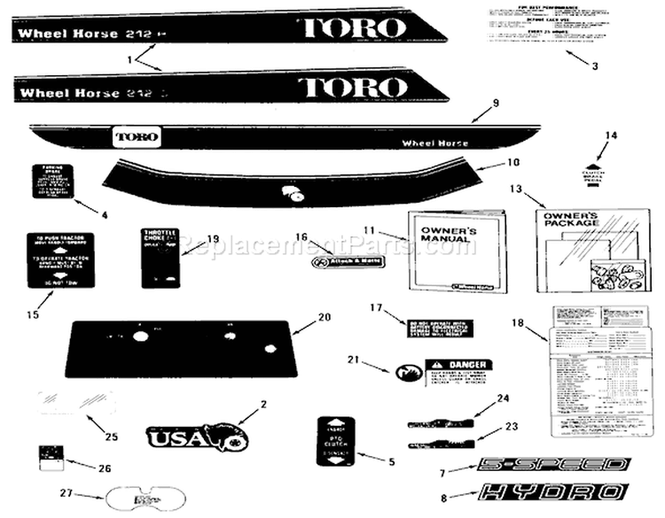 Decal & Miscellaneous Parts Assembly Diagram and Parts List for 32-12B5A2 1000001-1999999 - 1991 Toro Lawn Tractor