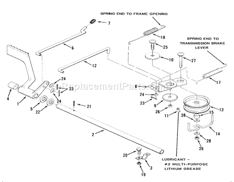 Brake And Clutch Linkage Diagram and Parts List for 32-08B501 1987 Toro Lawn Tractor