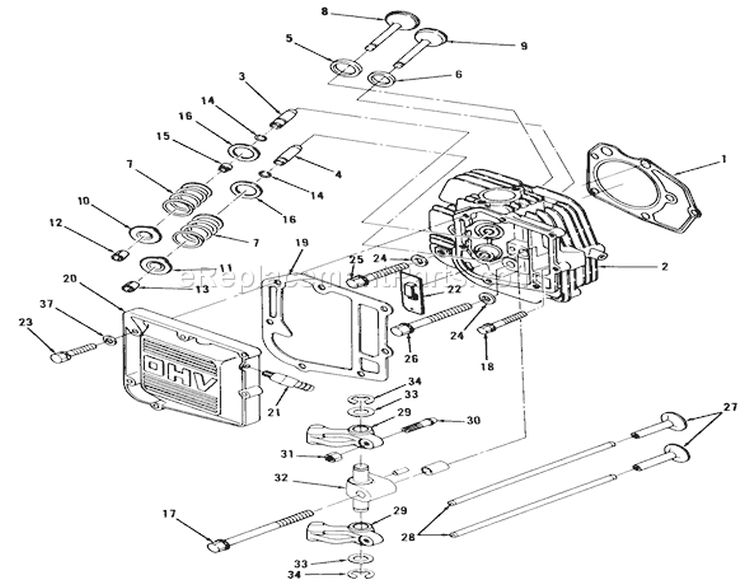 12hp Engine Cylinder Head And Valves Assembly Diagram and Parts List for 32-12O5A1 1000001-1999999 - 1991 Toro Lawn Tractor