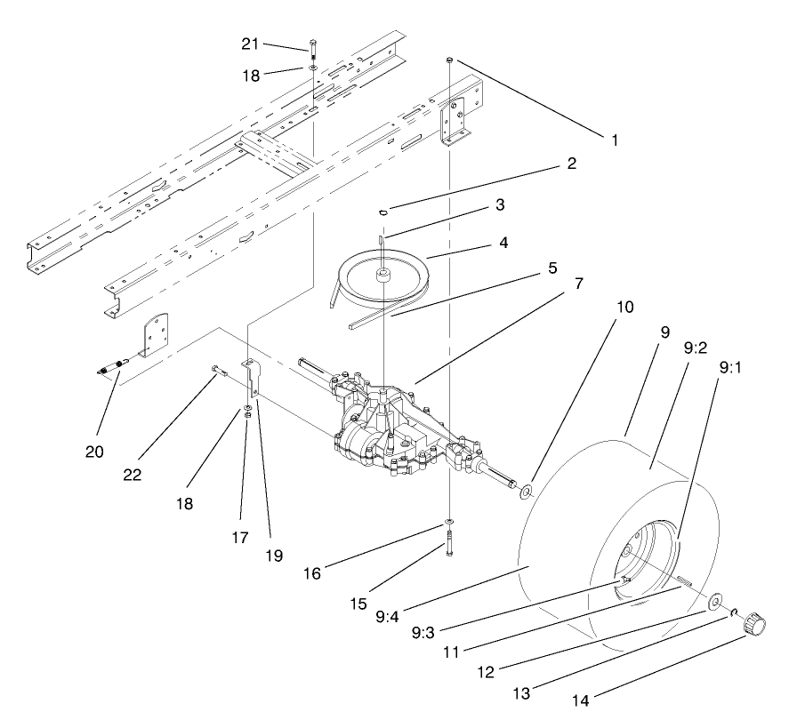 Transaxle Assembly Diagram and Parts List for 71190 8900001 - 8999999 Toro Lawn Tractor