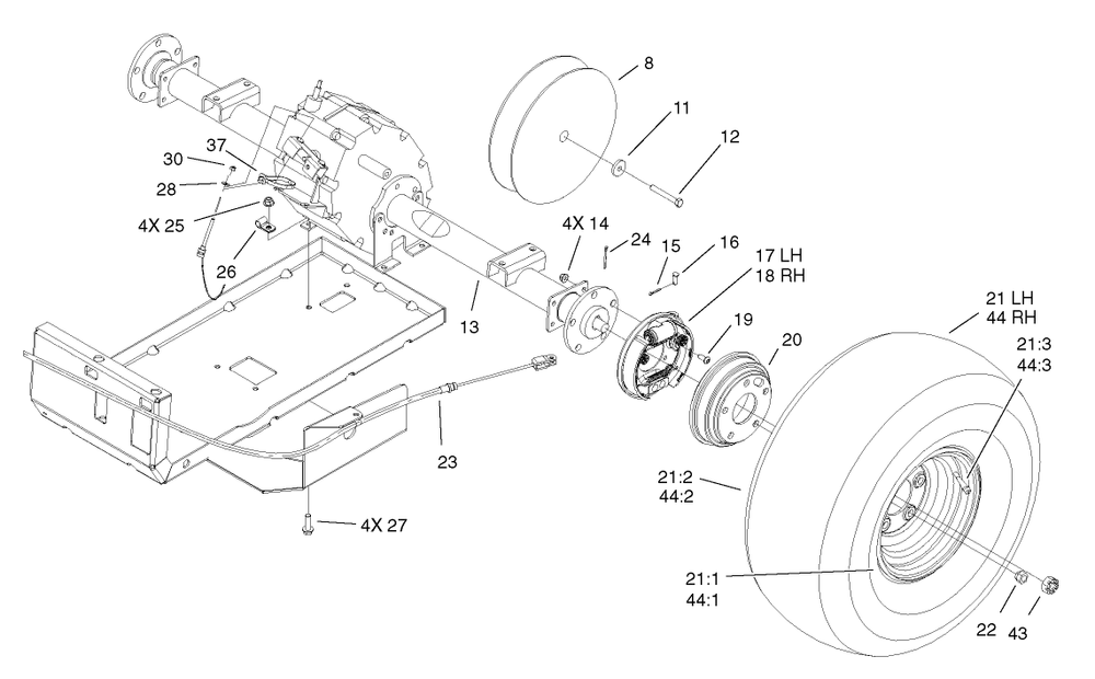 Rear Tire And Transaxle Assembly Diagram and Parts List for 12004TC 220000001 - 220999999 Toro Lawn Tractor