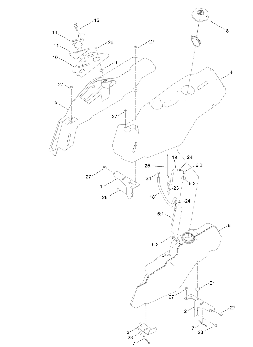 Body Styling And Fuel Pod Assembly Diagram and Parts List for 74687 408976622 - 410149999 Toro Lawn Tractor