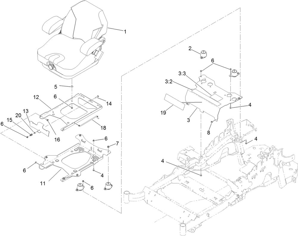 Seat Mount Assembly Diagram and Parts List for 74901 (313000001-313999999)(2013) Toro Lawn Mower