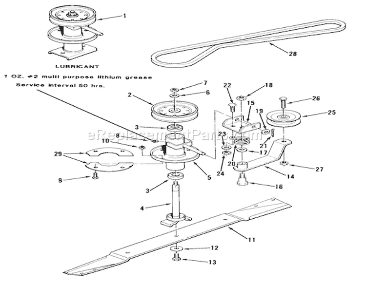 Spindle, Pulleys, And Drive Belt Diagram and Parts List for 33-08BP01 1985 Toro Lawn Tractor