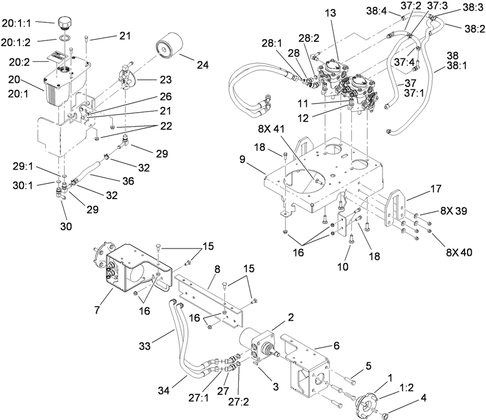 Hydraulic Assembly Diagram and Parts List for 74558 (290003001-290999999)(2009) Toro Lawn Mower