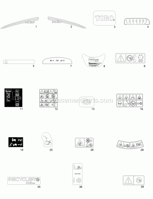 Decal Assembly Diagram and Parts List for 74585 317000001-999999999 Toro Lawn Mower