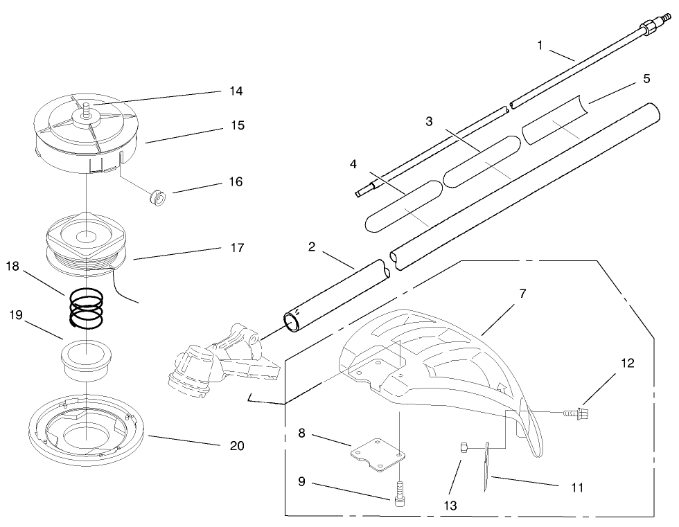 Head, Shaft And Shield Assembly Diagram and Parts List for 53009 990001 - 999999 Toro Trimmer