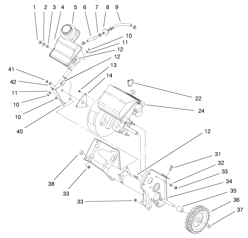 Engine & Fuel Tank Assembly Diagram and Parts List for 38410 7900001 - 7999999 Toro Snow Blower