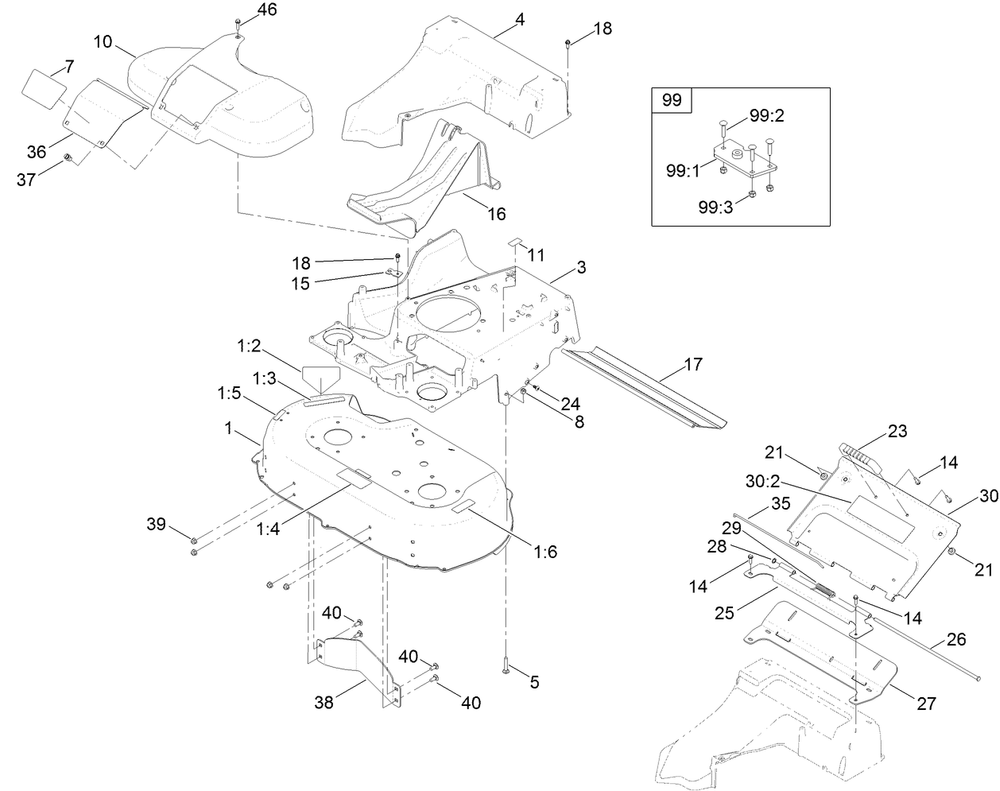 Deck, Frame And Chute Assembly Diagram and Parts List for 22210 400000000-402099999 Toro Lawn Mower