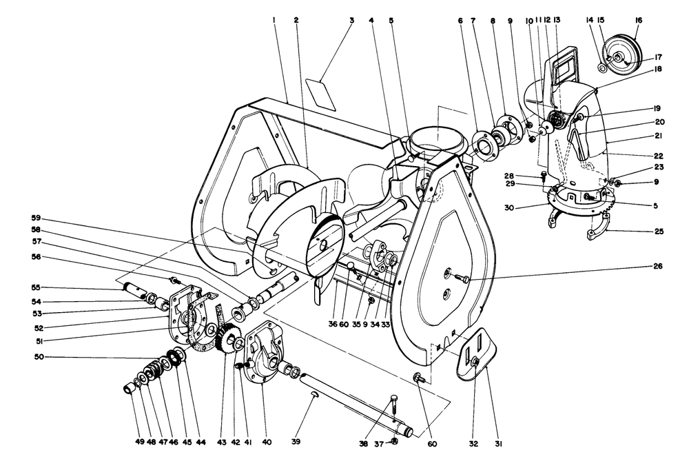 Auger Assembly Diagram and Parts List for 38054 3900001 - 3999999 Toro Snow Blower