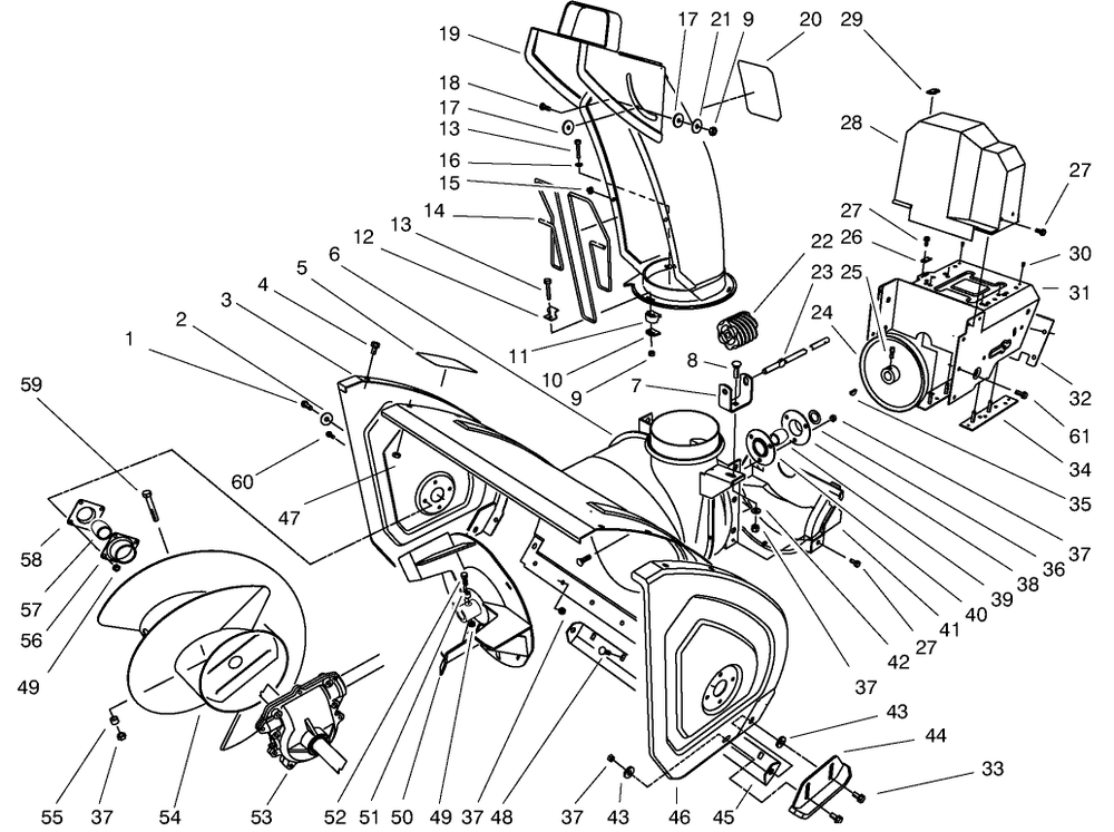 Housing & Chute Assembly Diagram and Parts List for 38543 7900001 - 7999999 Toro Snow Blower