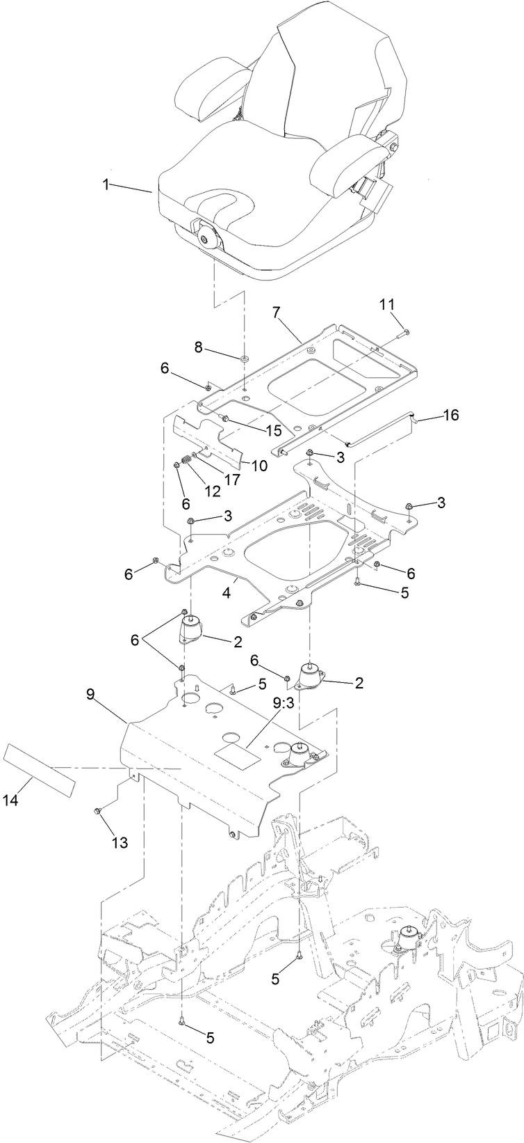Seat Mount Assembly Diagram and Parts List for 74934 401000000-999999999 Toro Lawn Mower