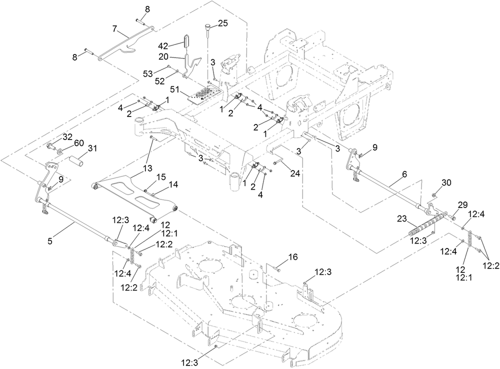 Deck Lift Assembly Diagram and Parts List for 74054 400000000-408899999 Toro Lawn Tractor