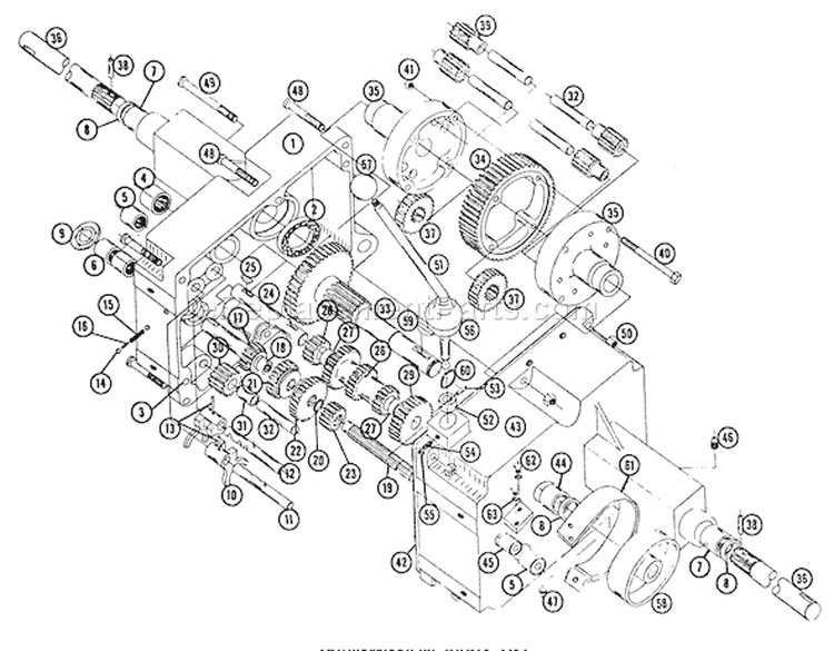 Transmission Parts List Diagram and Parts List for 34E 1964 Toro Lawn Tractor