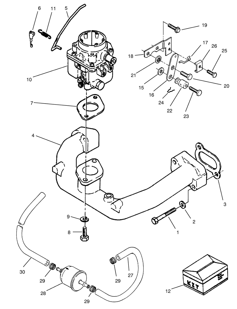 Carburetor & Intake Manifold Assembly Diagram and Parts List for 74101 590001 - 599999 Toro Lawn Tractor