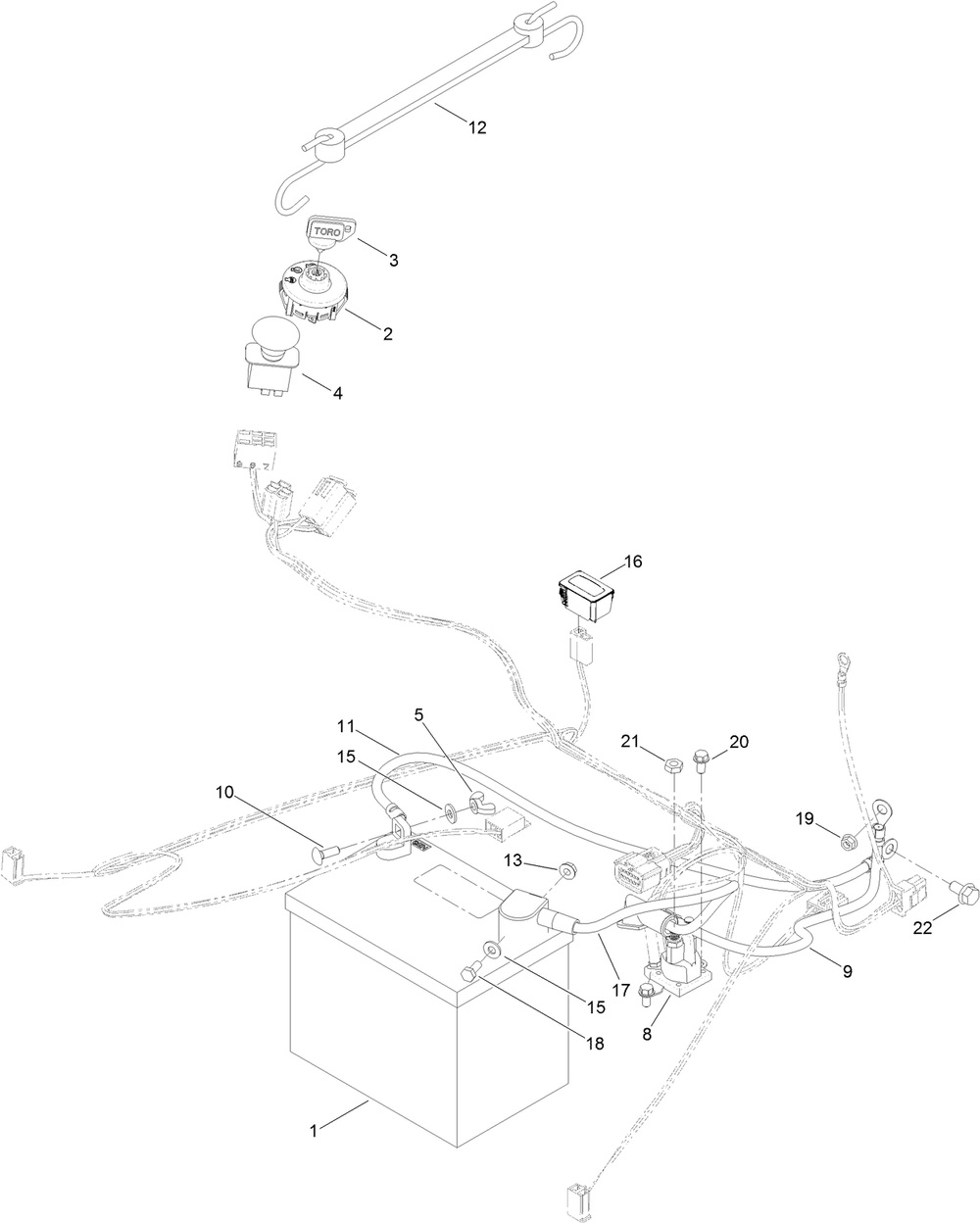 Battery And Electrical Assembly Diagram and Parts List for 74750 316000001 - 316999999 Toro Lawn Tractor