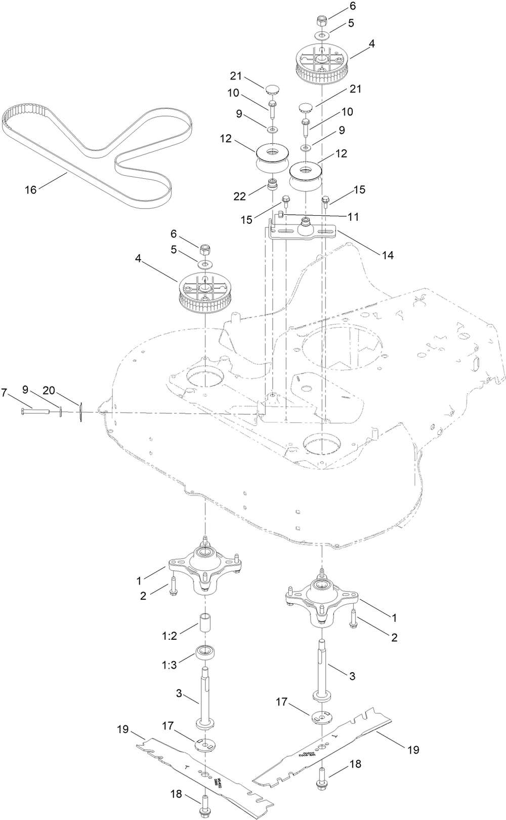 Spindle And Blade Assembly Diagram and Parts List for 22232T 400000000 - 999999999 Toro Lawn Mower