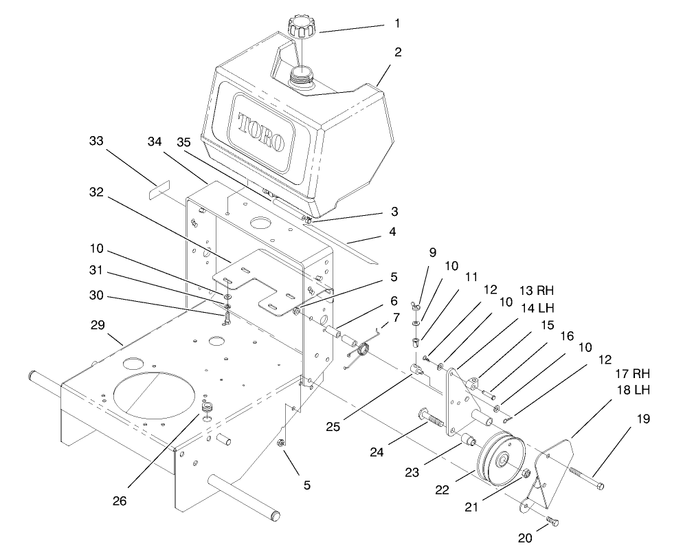 Fuel Tank & Idler Bracket Assembly Diagram and Parts List for 30177 695001 - 699999 Toro Lawn Tractor Accessories
