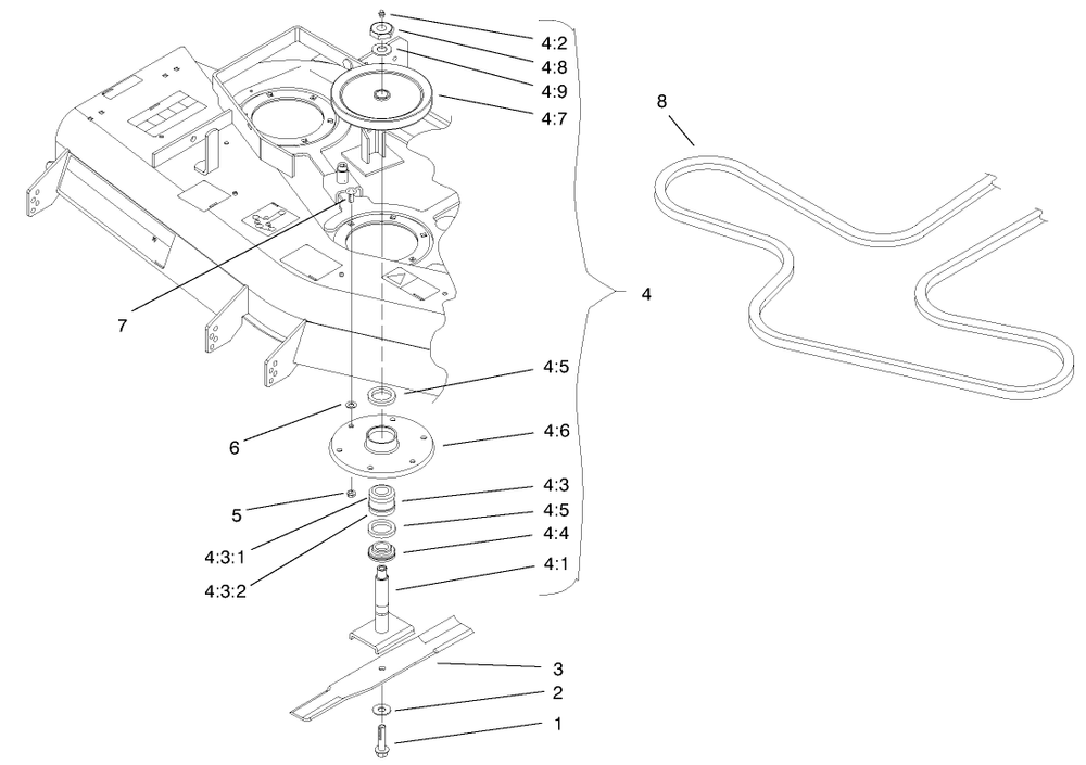 Blade, Spindle And Belt Assembly Diagram and Parts List for 74173 (990001-999999)(1999) Toro Lawn Mower