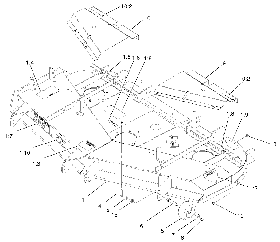 Deck, Deflector And Roller Assembly Diagram and Parts List for 74213 (210000001-210999999)(2001) Toro Lawn Mower