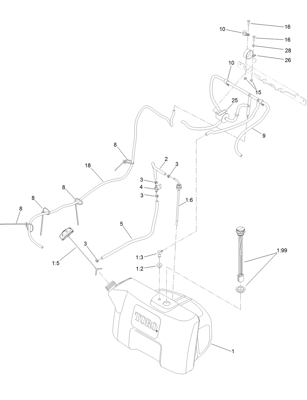 Fuel Tank Assembly Diagram and Parts List for 74536TE 413000000 - 417999999 Toro Lawn Tractor