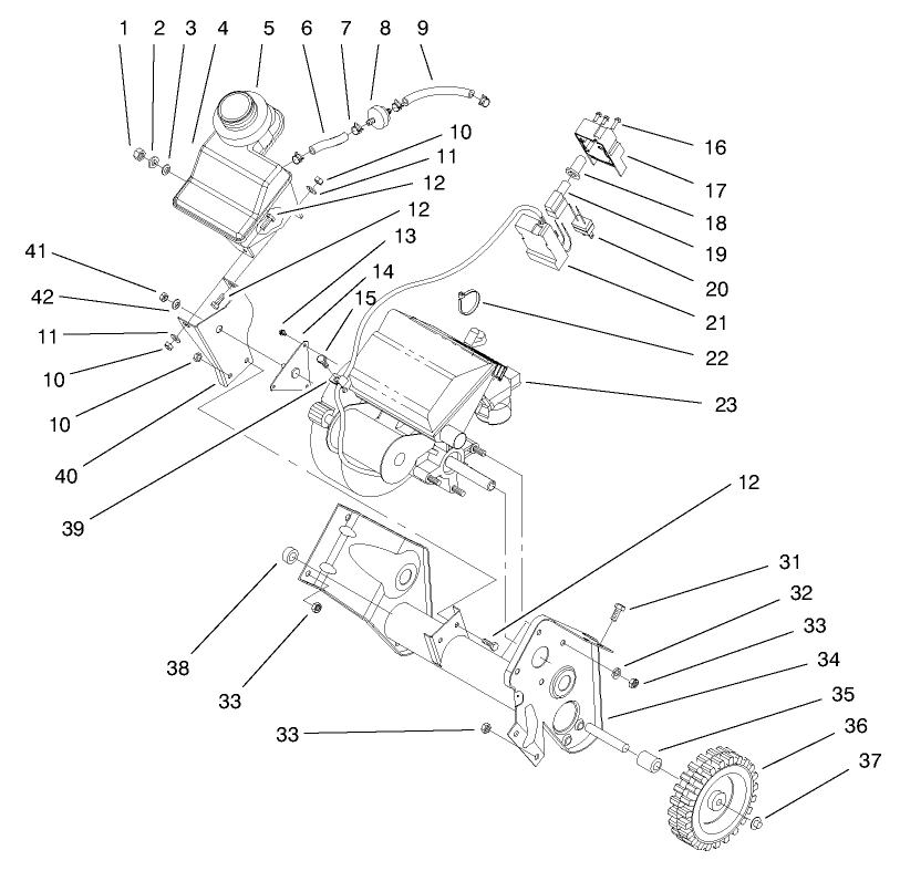 Engine & Fuel Tank Assembly Diagram and Parts List for 38416 7900001 - 7999999 Toro Snow Blower