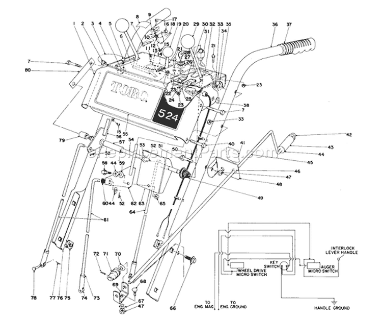 Handle Assembly Diagram and Parts List for 38045 0000001-0999999 - 1980 Toro Snow Blower