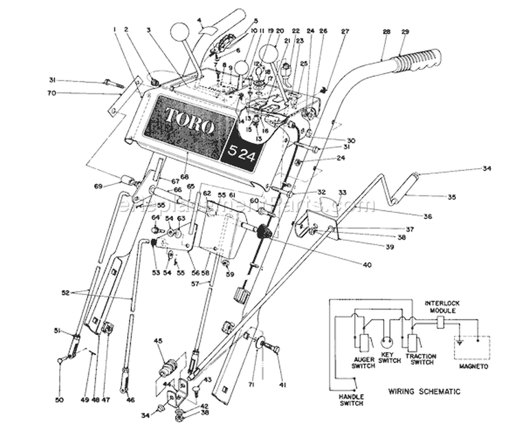 Handle Assembly Diagram and Parts List for 38050 6000001-6999999 - 1986 Toro Snow Blower
