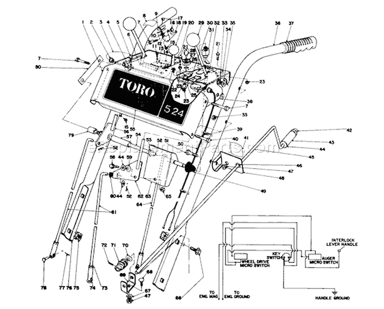Handle Assembly Diagram and Parts List for 38050 8000001-8999999 - 1978 Toro Snow Blower