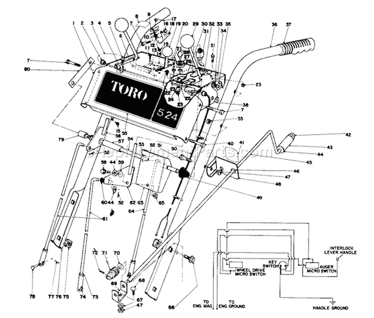 Handle Assembly Diagram and Parts List for 38050 9000001-9999999 - 1979 Toro Snow Blower
