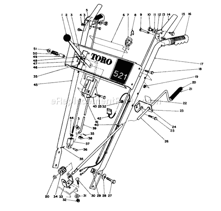 Handle Assembly Diagram and Parts List for 38052 6000001-6999999 - 1986 Toro Snow Blower