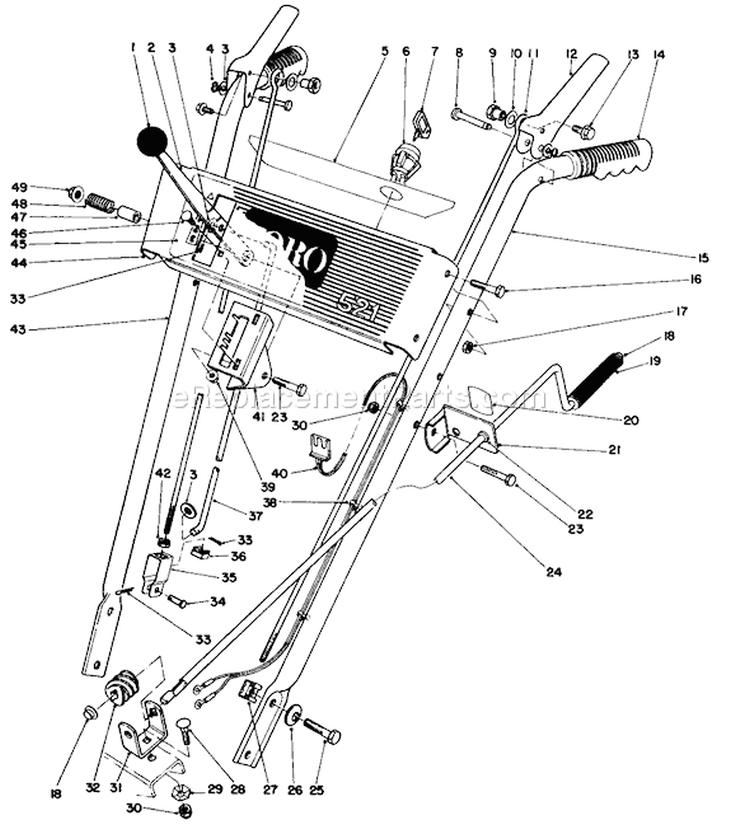 Handle Assembly Diagram and Parts List for 38054 2000001-2999999 - 1992 Toro Snow Blower