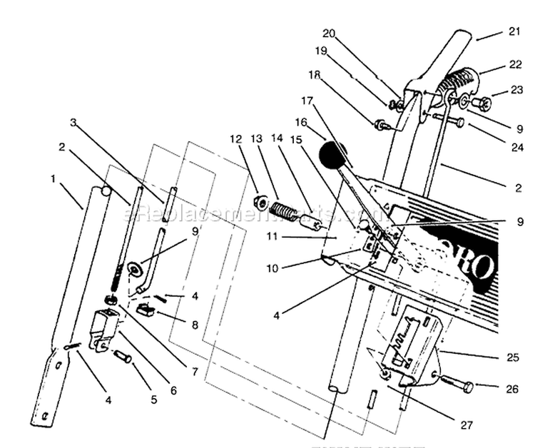 Handle Assembly Right Side Diagram and Parts List for 38052 69000001-69999999 - 1996 Toro Snow Blower