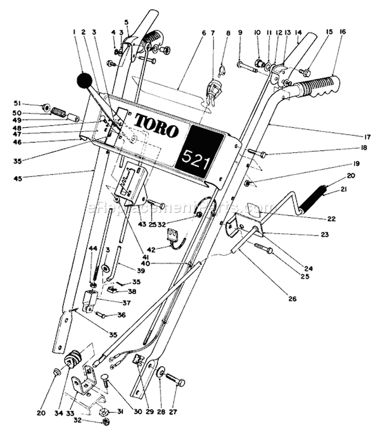Handle Assembly Diagram and Parts List for 38056 6000001-6999999 - 1986 Toro Snow Blower