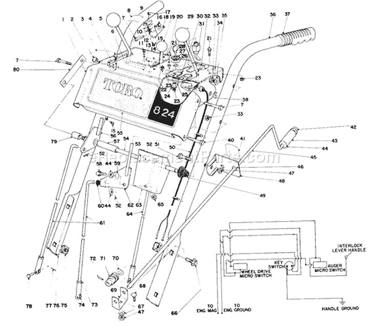Handle Assembly Diagram and Parts List for 38080 0000001-0999999 - 1980 Toro Snow Blower
