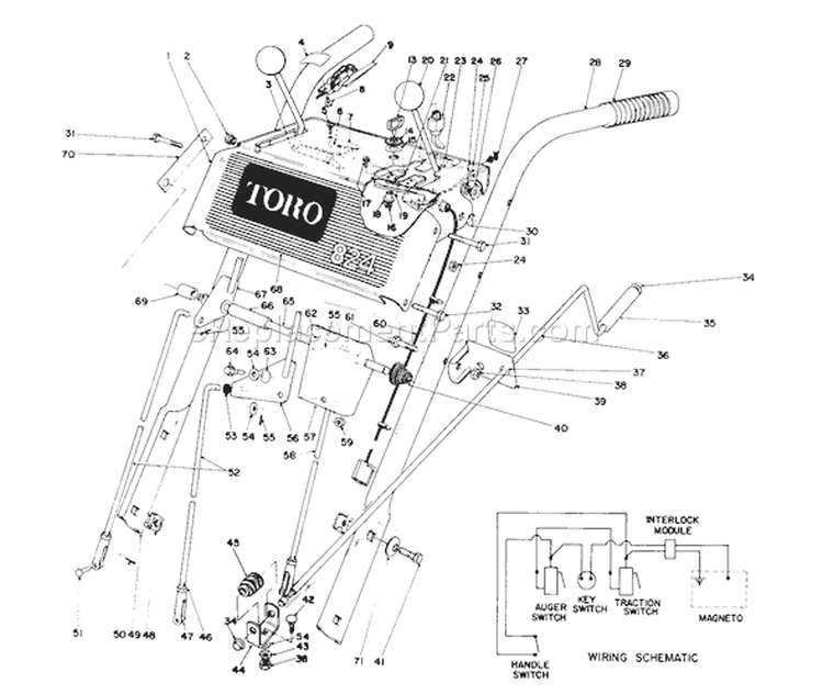 Handle Assembly Diagram and Parts List for 38080 3900001-3999999 - 1993 Toro Snow Blower