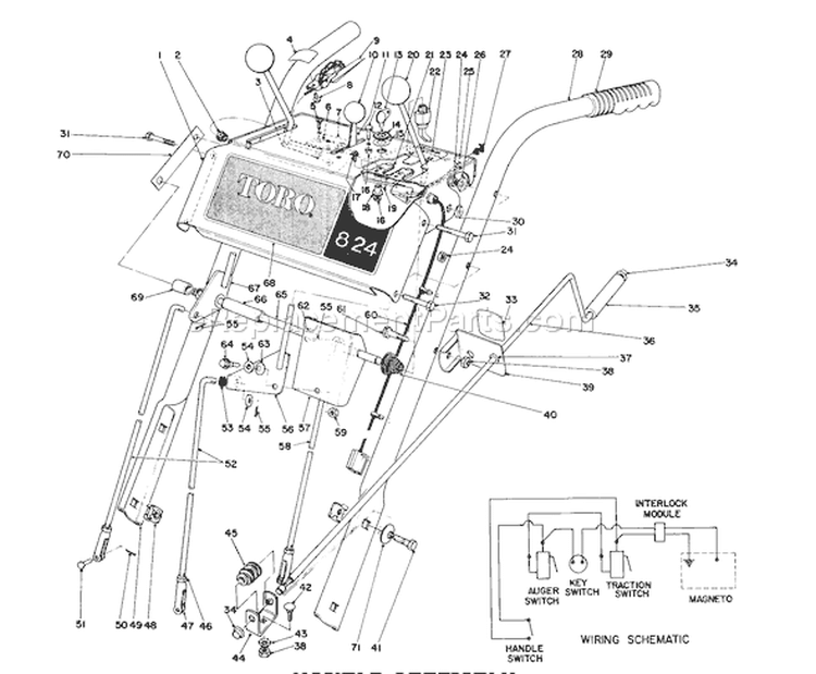 Handle Assembly Diagram and Parts List for 38080 6000001-6999999 - 1986 Toro Snow Blower