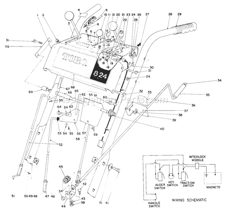 Handle Assembly Diagram and Parts List for 38080 8000001-8999999 - 1988 Toro Snow Blower